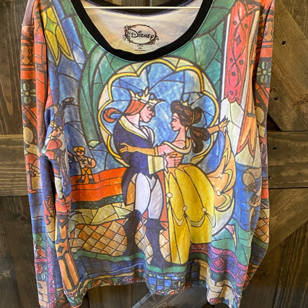 Disney Beauty and the Beast Multicolor Stained Glass Crew Neck Sweater
